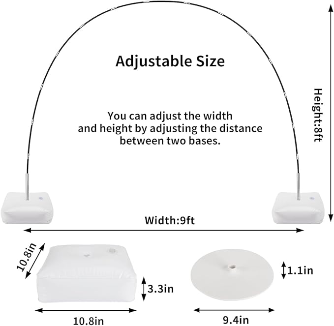 RUBFAC Balloon Arch Kit, 8ft Tall & 9ft Wide Adjustable Balloon Arch Frame Stand with 2 PVC Bases,2 Water Fillable Bags, 50pcs Balloon Clips for Wedding Party Baby Shower Supplies Christmas Decoration