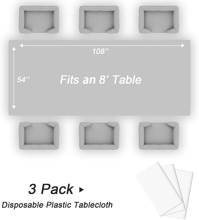 QIKSION White Plastic Table Cloth Disposable 3 Pack, 54 x 108 Inch Tablecloths for Party, Picnic, Birthday, Rectangle Table Cover