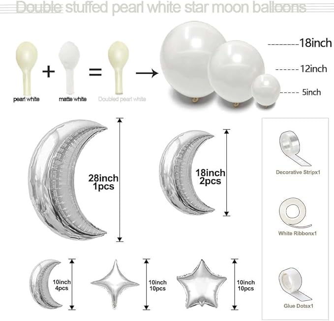 White Balloons Arch Double Stuffed Pearl White Star Moon Balloon Garland Different Sizes Cream Ivory Balloons for Birthday Baptism Bridal Baby Shower Christmas Wedding Prom Galaxy Party Decorations