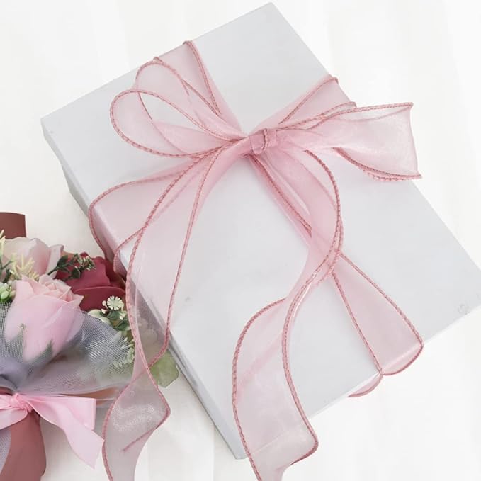 TONIFUL 1-1/2 Inch Wide Pink Wired Chiffon Ribbon Sheer Organza Ribbons for Crafts Floral Bouquets Wedding Car Party Decorations Valentine's Day Gift Wrapping Bow Making Tree Wreaths Decoration