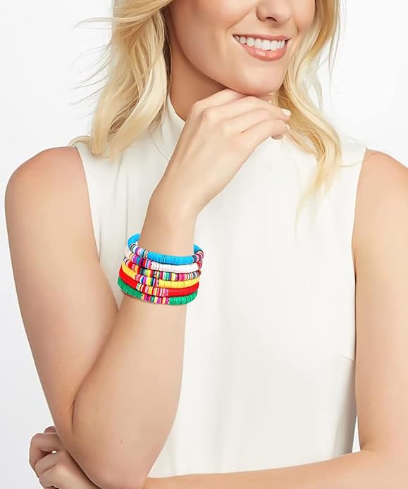 Surfer Heishi Bracelets for Women Stackable Rainbow Vinyl Disc Clay Beaded Stretch Bracelets Elastic Layering Friendship Bracelets Boho Summer Beach Jewelry