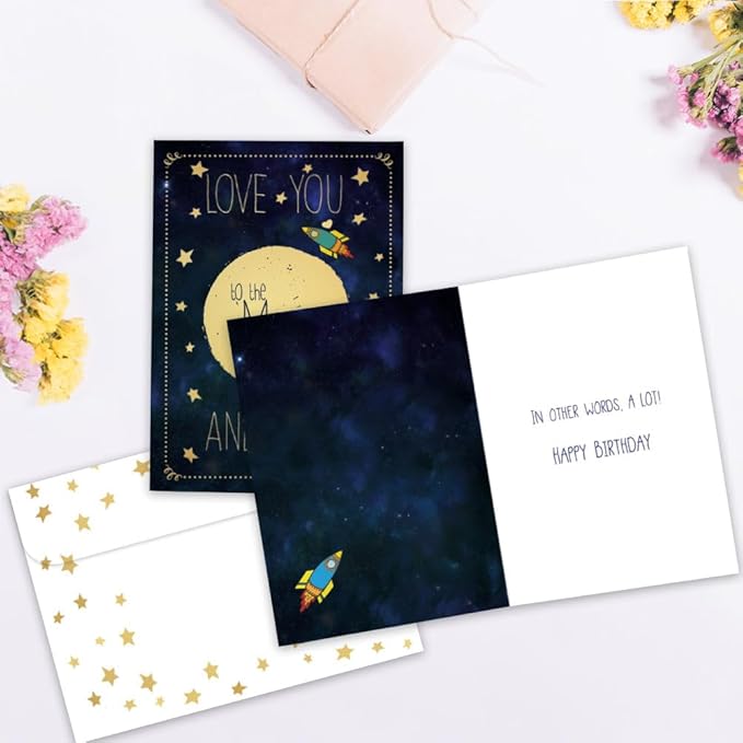 Tree-Free Greetings - Birthday Card - Artful Designs - 1 Card + Matching Envelope - Made in USA - 100% Recycled Paper - 5 x 7 - Moon and Back (VO69636)