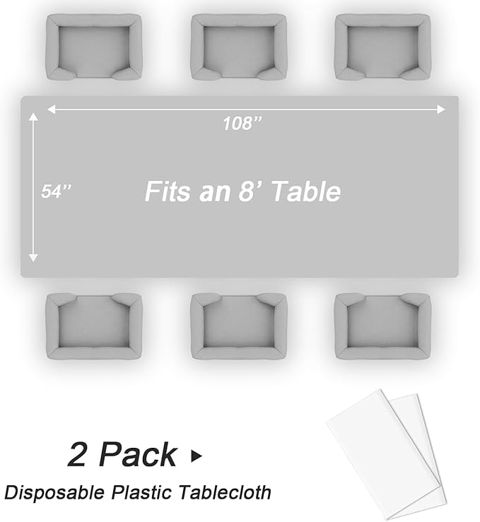 QIKSION White Plastic Table Cloth Disposable 2 Pack, 54 x 108 Inch Tablecloths for Party, Picnic, Birthday, Rectangle Table Cover