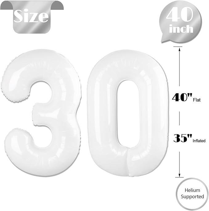 White Number 30 Balloon 40 inch, Translucent 30 Number Balloons, 30th White Birthday Decorations for Women Men, 30 Year Old Party Supplies