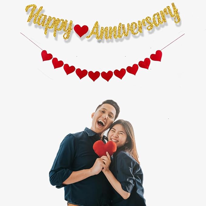 Happy Anniversary Banner, Red Heart Banner - Anniversary Decorations, Red and Gold