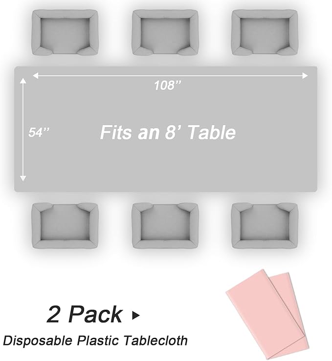 QIKSION Blush Pink Plastic Table Cloth Disposable 2 Pack, 54 x 108 Inch Tablecloths for Valentines, Easter, Mothers Day Decorations, Baby Shower Birthday Party, Rectangle Table Cover