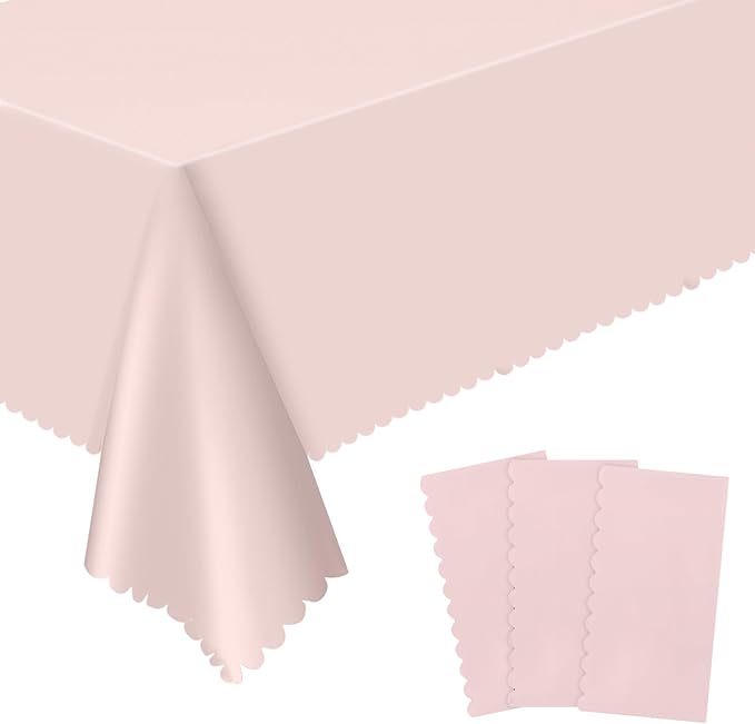 3 Pack Plastic Light Pink Tablecloths, 54 X 108Inch Disposable Spring Tablecloth Scalloped Mother's Day Table Cloth for Rectangle Tables Table Cover for Easter Baby Shower Bridal Tea Party Wedding