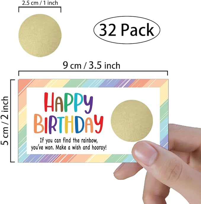 REWIDPARTY Happy Birthday Party Scratch Off Game Cards（32 PCS） Colorful Rainbow Birthday Scratch Off Tickets Christmas Birthday Holiday Special Event Raffle Tickets Supplies for Kids Teens Adults