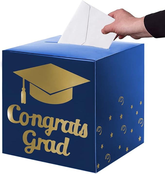 Graduation Card Box Holder, Congrats Grad Foldable Cardboard Decorations Box for Graduation Party Decoration and Grad Parties (Blue)