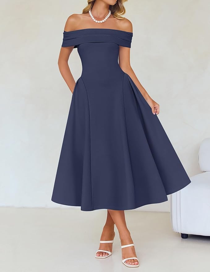 ZESICA Summer 2026 Cocktail Dresses for Women's Off Shoulder Short Sleeve Swing A Line Wedding Evening Party Midi Dress