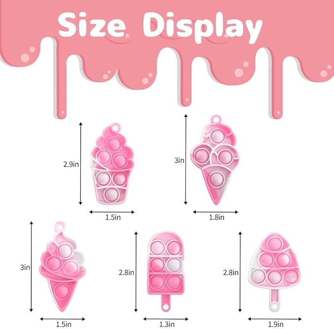 20Pcs Ice Cream Mini Pop Keychain Fidget Toy, Ice Cream Party Favors Supplies, Silicone Mini Pop Toys Birthday for Kids Anxiety Stress Reliever for Adults