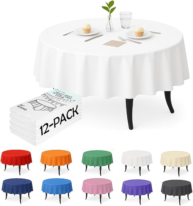 Craft And Party 12 Pack White Plastic Tablecloths, 84 Inch Round Disposable Table Covers, Heavy Duty & Waterproof for Parties, Events, Banquets, White