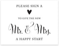 Andaz Press Wedding Party Signs, Formal Black and White Print, 8.5x11-inch, Please Sign a Heart to Give the New Mr. & Mrs. a Happy Start Table Sign, 1-Pack