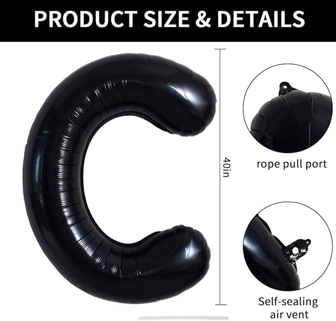 TONIFUL 40 Inch Large Black C Letter Balloon - Jumbo Helium Foil Mylar Big Alphabet for 2026 New Year Eve Graduation Wedding Baby Shower Birthday Party Anniversary Supplies Decorations