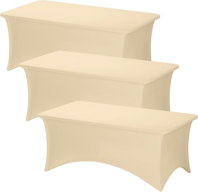 Fixwal 3 Pack Champagne Beige Cream Stretch Spandex Tablecloth 6FT - Fitted Washable Wrinkle Resistant Rectangular Table Cover for Wedding Trade Show Party Event [72Lx30Wx30H Inch]