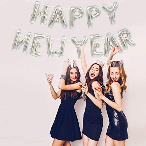 TONIFUL Silver Happy New Year Balloons 16 Inches Mylar Foil Letter Sign Banner balloon For 2025 New Years Eve Party Anniversary Decor Home Party Decorations