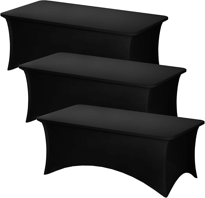 Fixwal 3 Pack Black Table Cloths Rectangle 8FT, Tablecloths Rectangular Stretch Spandex Fitted Table Covers 8 FT for Parties, Trade Shows, Banquet, Weddings, Buffet, Graduation Decorations