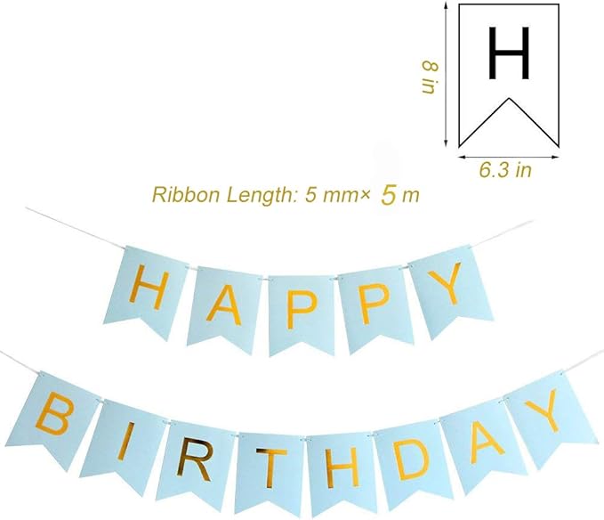 Tellpet Light Blue HAPPY BIRTHDAY Banner with 5 pcs Gold Confetti Balloons