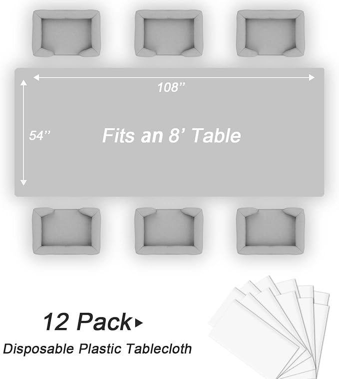 QIKSION White Plastic Table Cloth Disposable 12 Pack, 54 x 108 Inch Tablecloths for Party, Picnic, Birthday, Rectangle Table Cover