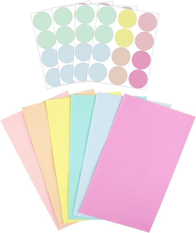 Cooraby 30 Pack Pastel Gift Candy Paper Bags with Stickers 5.1 x 3.1 x 9.4 Inches Snack Sweet Craft Bags for Birthday Wedding Party Anniversaries with 48 Stickers