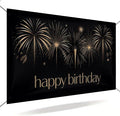 Happy Birthday Decorations Banner 71x43 Inch, Black Gold Fireworks Birthday Backdrop for Adult Party, Large Photo Booth Background Supplies