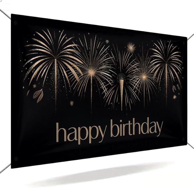 Happy Birthday Decorations Banner 71x43 Inch, Black Gold Fireworks Birthday Backdrop for Adult Party, Large Photo Booth Background Supplies