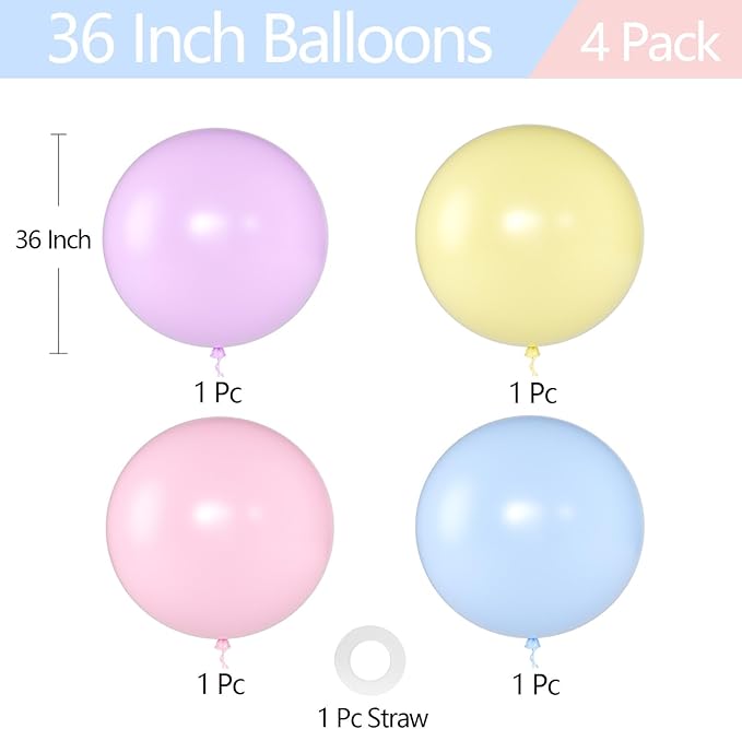 KALOR Pastel Multicolor Giant Balloons 36 Inch Large Latex Balloons, 4 Pack Jumbo Round Helium Balloon for Birthday Bridal Shower Wedding Baby Shower Party Decorations