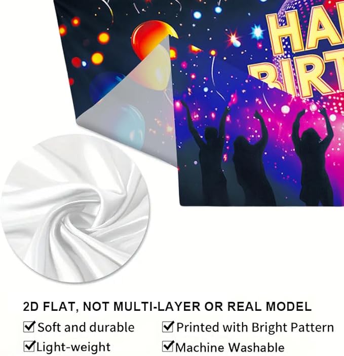 Happy Birthday Porch Banner 71x43 Inch, Large Disco Party Backdrop with Neon Lights Balloons and Dance Crowd, Birthday Decorations for Indoor Outdoor Yard Patio Wall Hanging