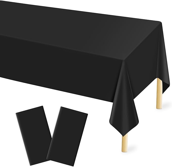 Mulbozy 2 Pcs Black Plastic Tablecloth for Rectangle Table, 54 × 108 inches Disposable Black Party Table Covers for Birthday, Wedding, Baby Shower, Holdiay Party Decoration