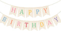 Doumeny Happy Birthday Burlap Banner Boho Birthday Bunting Garland Pastel Bohemian Sign Party Banner White Hanging Garland Rainbow Birthday Bunting Falg for Home Mantel Fireplace Nursery Backdrop