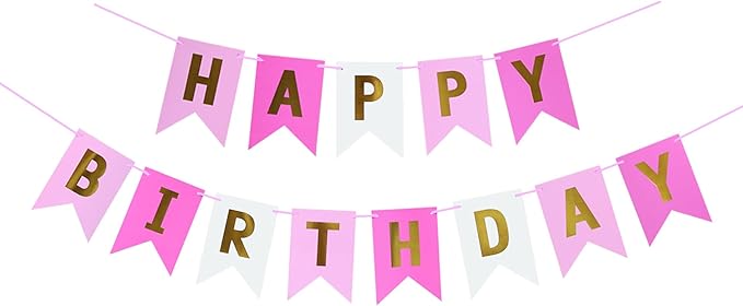 Happy Birthday Banner With Shiny Gold Letters, Swallowtail Design Hanging Signs Party Decorations (Tri-Color Pink)