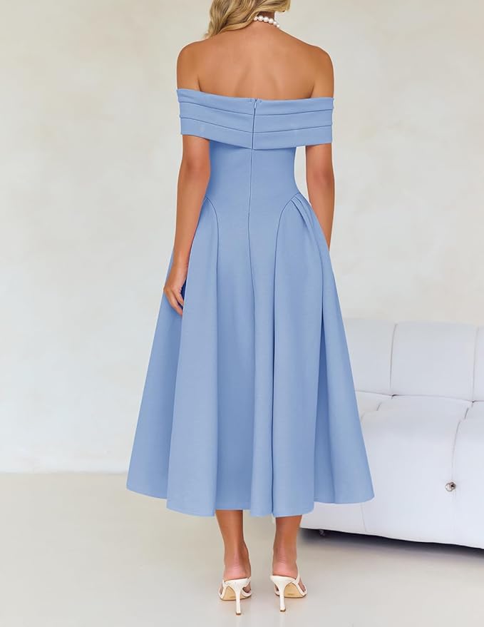 ZESICA Summer 2026 Cocktail Dresses for Women's Off Shoulder Short Sleeve Swing A Line Wedding Evening Party Midi Dress
