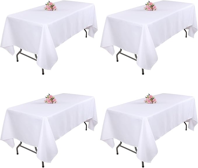 Kesfey 4 Packs White Polyester Table Cloth 60 x102 inch Washable Wrinkle Resistant Tablecloths Fabric Table Covers for 6 Foot Rectangle Tables High Density Banquet Tablecloth for Wedding Celebration