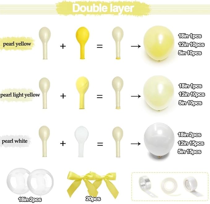 Yellow Balloon Arch Kit, Double Stuffed Pearl White Pastel Light Yellow Balloons with Bow Clear Balloon Arch Kit for Birthday Wedding Bridal Bee Baby Shower Sunflower Lemon Party Decor
