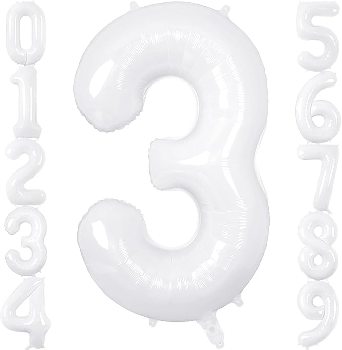 White Number Balloons 40 Inch Helium Mylar Number 3 Balloon for Birthday Party Anniversary Decoration (White, 3)