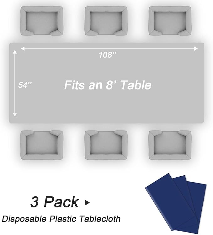 QIKSION Navy Blue Plastic Table Cloth Disposable 3 Pack, 54 x 108 Inch Tablecloths for Party, Graduation, Patriotic, Veterans Day Decorations, Dark Blue Rectangle Table Cover