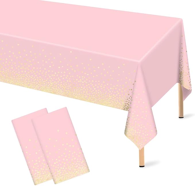 Mulbozy 2 Pcs Pink Tablecloth 54"×108" Gold Dot Pink Table Cloth, Pink Disposable Plastic Tablecover for Birthday, Baby Shower, Picnic, Camping, Event & Parties…