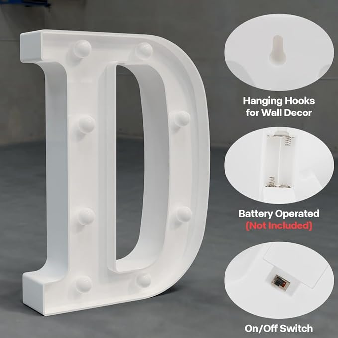 Light Up Letters Marquee, 26 Battery Powered LED Alphabet Signs - Night Light - White Plastic for Engagement, Wedding, Baby Showers & Birthdays - Letter D