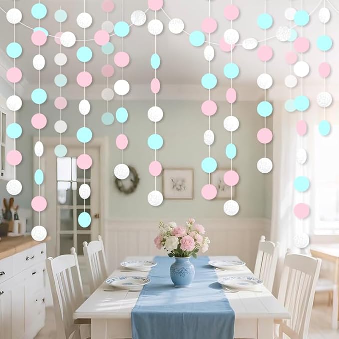 Macaron Circle Dots Hanging Garland White Blue Pink Circle Dots Hanging Streamer Macaron Bunting Banner Backdrop for Wedding Baby Shower Birthday Xmas Decor 40 Feet