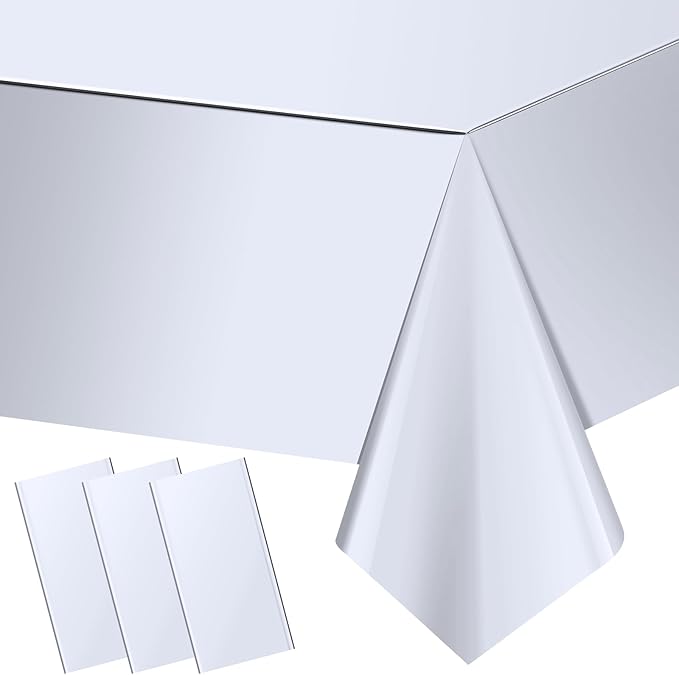 3 Pack Silver Plastic Tablecloth, Disposable Rectangle Table Covers, Holographic Metallic Foil Tablecloth Silver Party Supplies Decorations for Birthday Graduation Disco Bachelorette, 54x108Inch