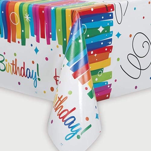 Multicolor Rainbow Ribbons Birthday Plastic Rectangular Table Cover (54" x 84"), Chic Design & Reusable - Perfect For Parties & Celebrations, Pack Of 1
