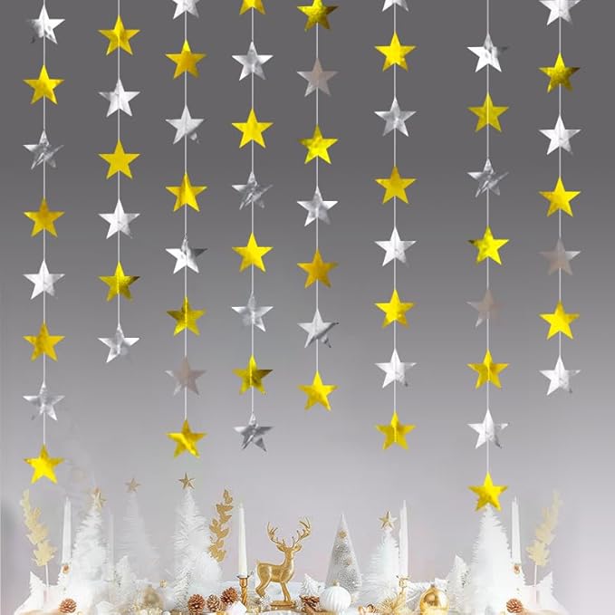 Gold Silver Shining Star Hanging Garland Gold and Silver Hanging Sparkling Star Streamer Glitter Bunting Banner Twinkle Backdrop for Wedding Baby Shower Birthday Christmas Decorations 40 Feet