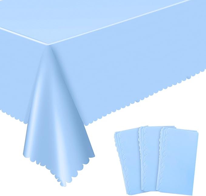 3 Pack Plastic Light Blue Tablecloth, 54 X 108Inch Disposable Baby Blue Scalloped Dessert Tablecoth for Rectangle Table Waterproof Spring Table Cover for BBQ Picnic Wedding Birthday Baby Shower Decor