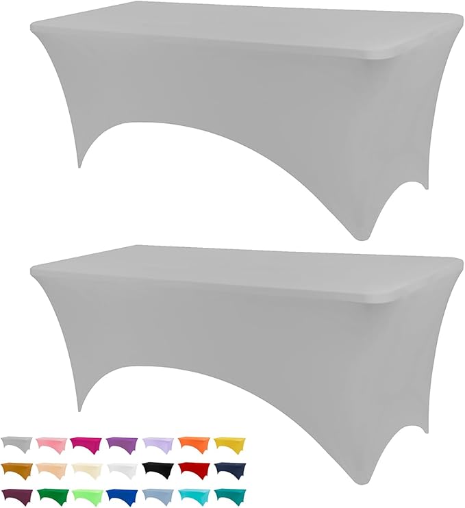 Table Covers for 6 Foot Tables, 2 Pack Sliver Gray Washable and Wrinkle Resistant Stretch Tablecloths Rectangle 6ft for Events, Wedding, Banquets, Parties