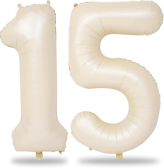 Cream 15 Foil Balloon Numbers, 40 Inch Giant Beige 15th Birthday Balloons for Boys Girls, Neutral Number 1 & 5 Ivory White Helium Balloon for Women Men 15th 51st Anniversary Party Decorations Supplies
