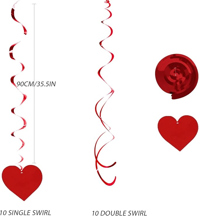 Red Heart Party Streamers Set, 20 PCS Single & Double Swirl Decorations with Foil Hearts - 35.5 Inch Hanging Decor for Valentine's Day, Weddings & Anniversary Parties