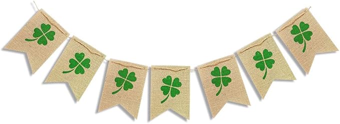 Shamrock Burlap Garland Banners for St.Patrick's Day Decorations Rustic Burlap Shamrock Clover Banner Garland for Irish Day, Office, Party Supplies Decor