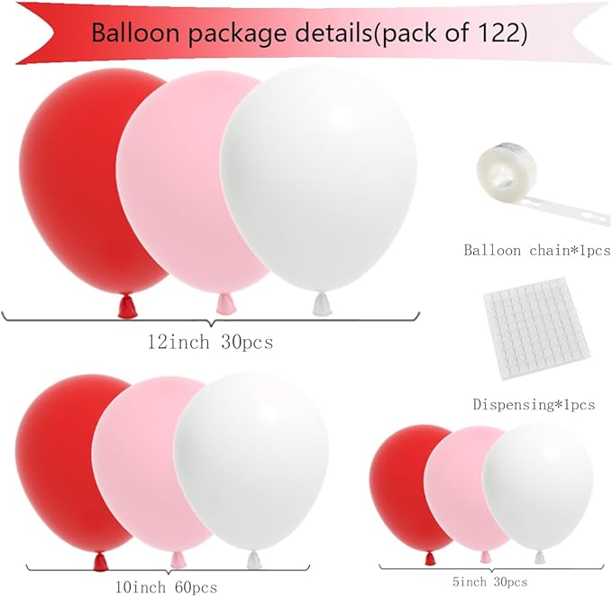 Red Pink White Balloon Arch Garland Kit, 122PCS Red Light Pink White Party Balloons for Birthday Proposal Wedding Engagement Anniversary Bridal Shower Galentines Day Party Romantic Decorations