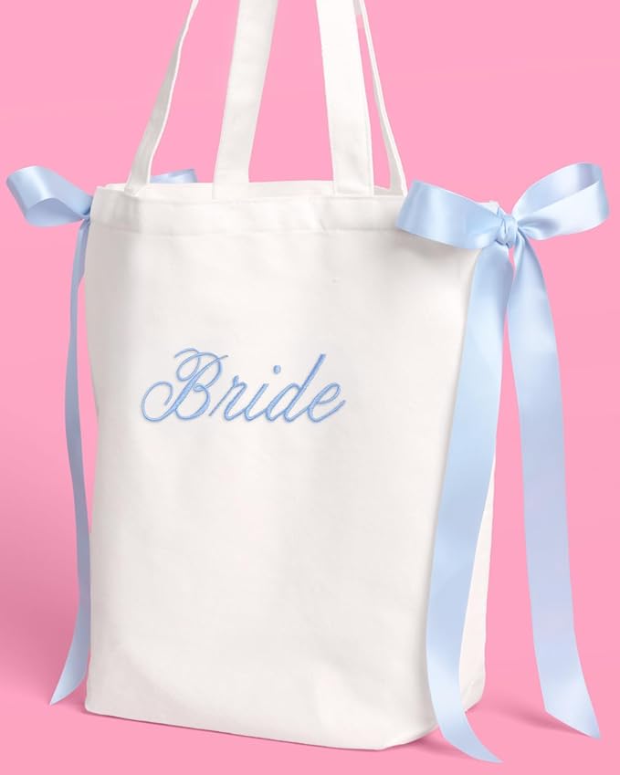 xo, Fetti White Bride Canvas Tote Bag, Blue Satin Bows | Bachelorette Party Decorations, Bride To Be Purse Accessory, Bridesmaid Gift, Bridal Shower Supplies, Engagement Party Favor