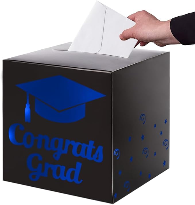 Graduation Card Box Holder, Congrats Grad Foldable Cardboard Decorations Box for Graduation Party Decoration and Grad Parties (Black-blue)